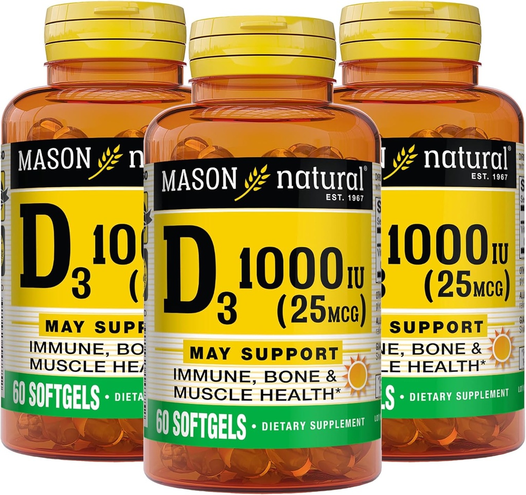 MASON NATURAL Vitamin D3 25 mcg (1000 IU), Bone & Immune Support, Fish Liver Oil, 60 Softgels (Pack of 3)