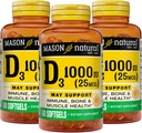 MASON NATURAL Vitamin D3 25 mcg (1000 IU), Bone & Immune Support, Fish Liver Oil, 60 Softgels (Pack of 3)