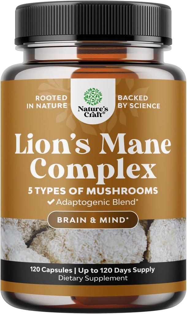 Gelişmiş Aslan'ın Mane Mushroom Supplement - Lions Mane Supplement Capsules with Reishi, Chaga, Maitake & Shiitake for Brain Health Memory Support & Focus - Nootropic for mental Clarity - 120 Caps