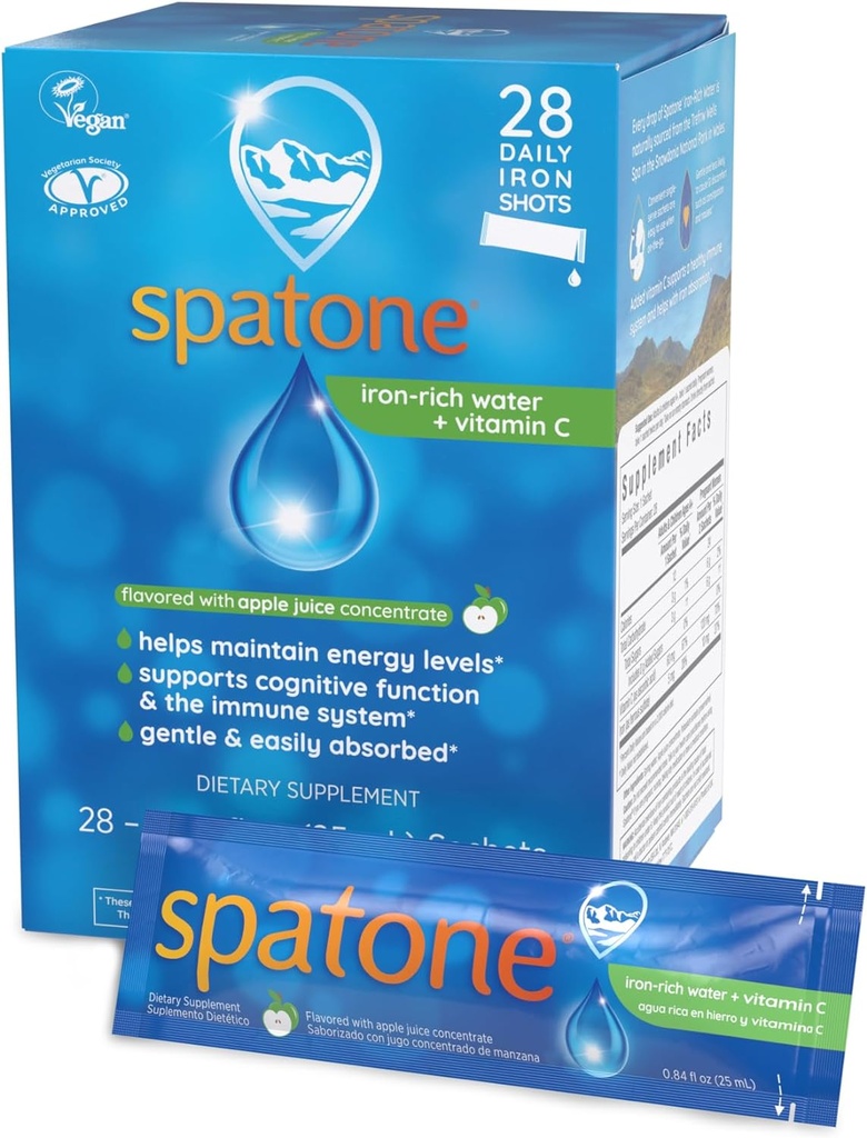 Spatone Natural Liquid Iron Supplement Plus VIT C for Women - Men & Kids Ages 4+ - Ideal duringlle - kolay Absorbed & Gentle - Vegan - Apple Flavor - 28-Day - Demir Per 20mL Sachet