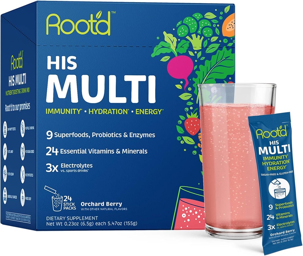 Root'd Multivitamin Toz 3X Electrolytes for Men - 24 Vitamins & Minerals, 3X Elektrolytes, 9 Organik Superfoods, Probiyotiks & Enzymes, Sugar-Free Multivitamin & Hydration | 24 Packets