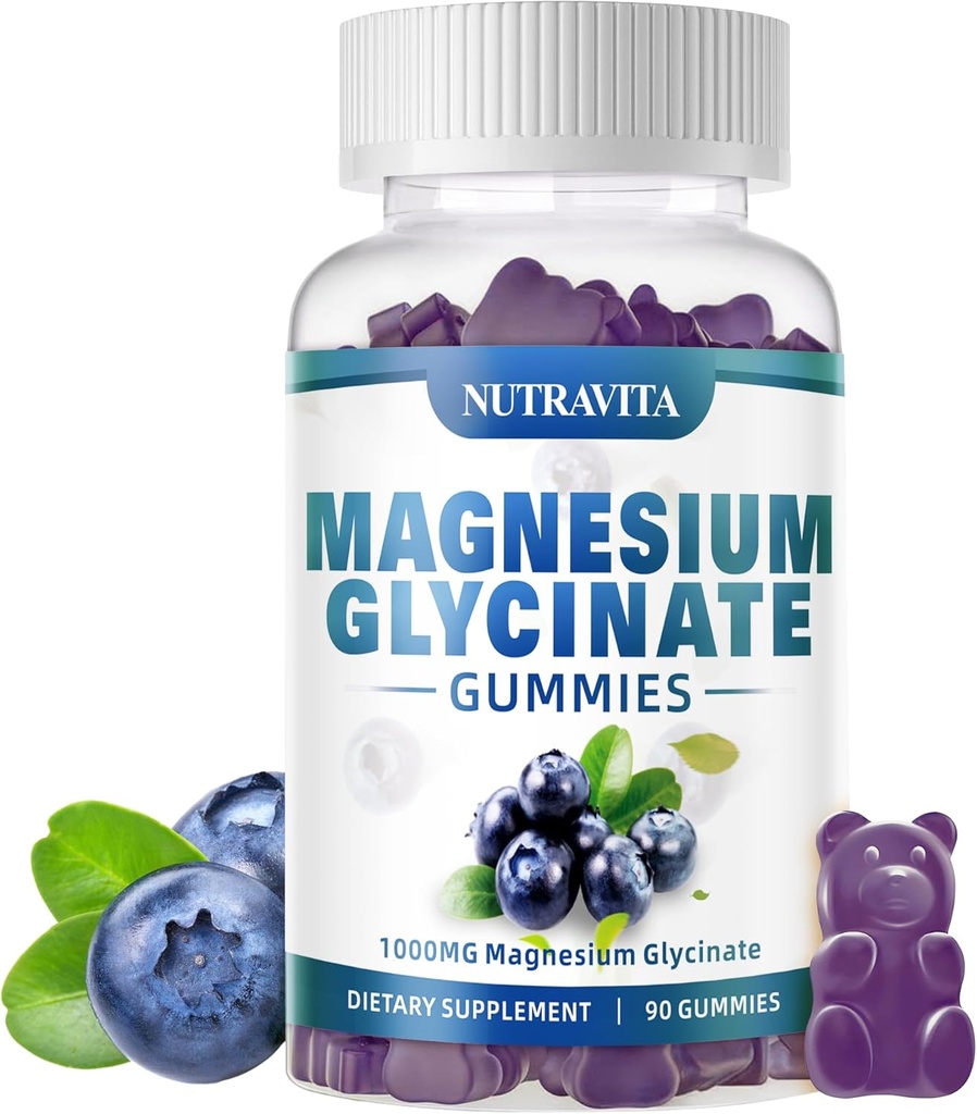 Magnesium Glycinate Gummies 1000mg with Magnesium L-Threonate,Chelated Magnesium Potassium Complex Supplement with VitD, B6, CoQ10, Calcium,Supports for Memory, Calm, Mood - 90 Gummies Blueberry