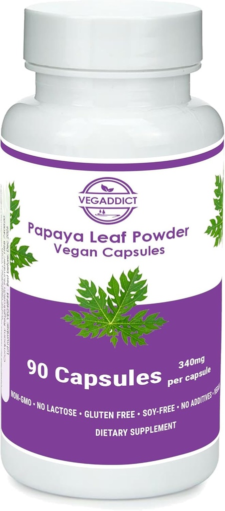 Papaya Leaf Toz | 340 mg Capsules | ethycally sourced | Plalet Desteği | Gluten & Lactose Free | Soy-Free | Nomixs | Non-GMO | Vegan | Beslenme Supplement | Diyetsel Tamam (90X)