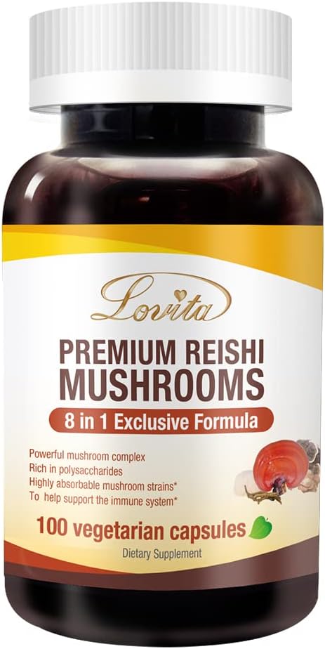Lovita Mushroom Supplement, 8 in 1 Mushroom Complex, Lion's Mane, Cordyceps CS-4, Reishi Spores, Türkiye Tail, Maitake, for Natural Energy, Memory Support & Immune Support. 100 Vegan Capsules