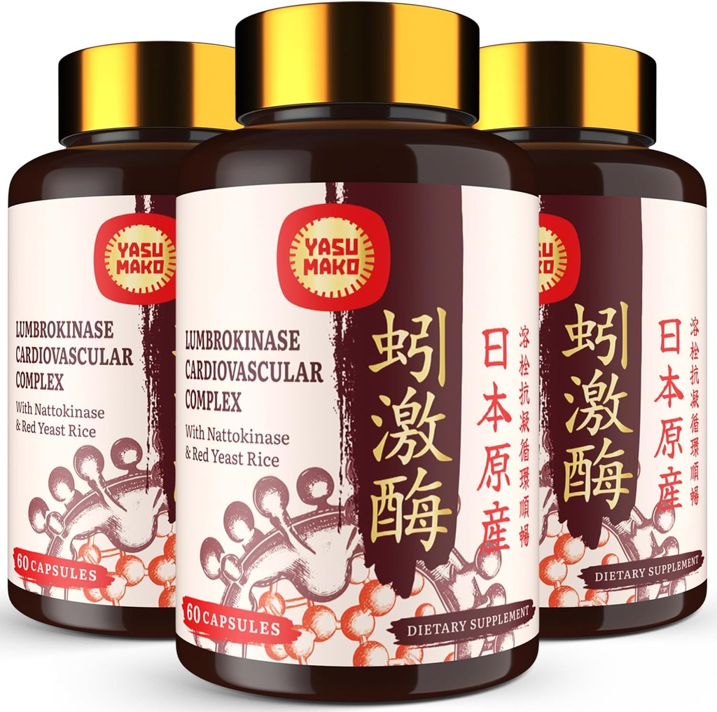 Lumbrokinase 100mg (Μέγιστη Δραστηριότητα 1.000.000 LKU), Nattokinase 100mg-2,000 FU Δραστηριότητας και Red Yeast Rice 300mg, Lumbrokinase Enzymes Συμπλήρωμα για την Κυκλοφορική, Γνωστική,180 Κάψουλες (Pack of 3)