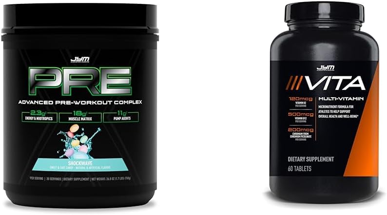 PRE JYM X - Shockwave Pre Workout Powder & Vita JYM Sports Multivitamin for Athletes 60 Tablets
