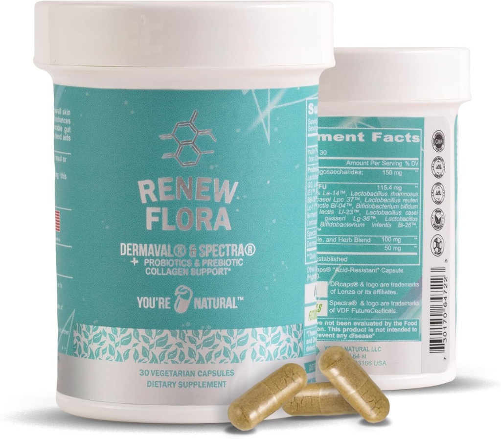 Renew Flora - Gelişmiş Collagen & Skin Support - Antioksi Plus Digestive enzimler ve Gut Klinik Çalışmalar ile Kadınlar ve Erkekler için Destek - Lactobacillus ve 12 Registered probiyotikler - 30 Day Supply