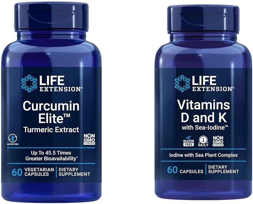 Επέκταση ζωής Curcumin Elite Turmeric Extract, Προάγει μια υγιή φλεγμονώδη Ανταπόκριση & Βιταμίνες D και K με θαλασσινό ιώδιο, βιταμίνη D3, βιταμίνη K1 και K2