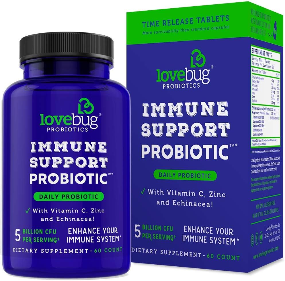 Lovebug PROBIOTICS Immune Support Daily Probiyotik for Men & Women, 40 Milyar CFU & 6 Strains, C vitamini, çinko & Echinacea, 30 Capsules, Vegan & Non-GMOMO