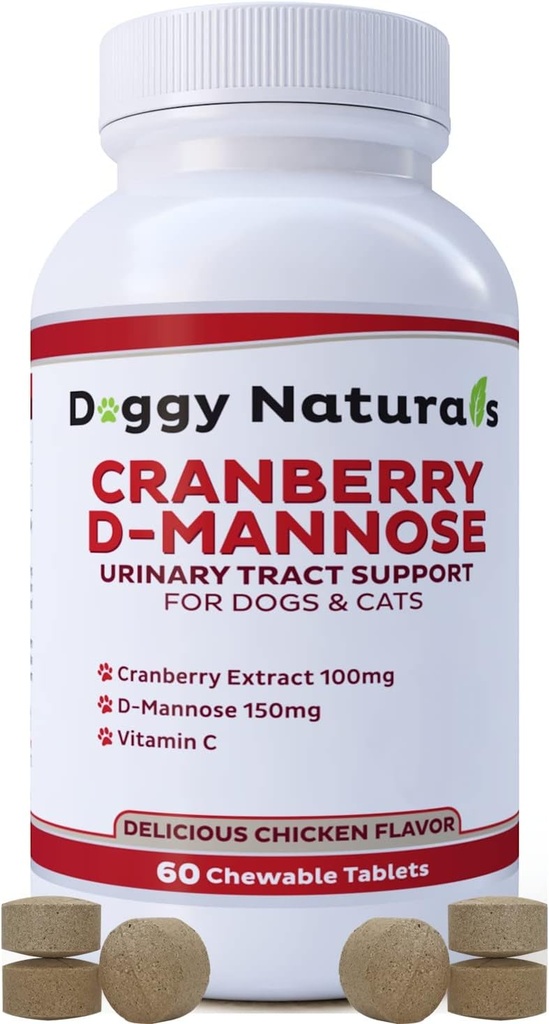 Köpek ve Kediler için Cranberry D-Mannose Urinary Tract Enfeksiyon Destek Önlemeleri ve Eliminates UTI, Bladder Enfeksiyon Kidney Desteği, Antioksi (Single Strength Tablet, 60 Count)