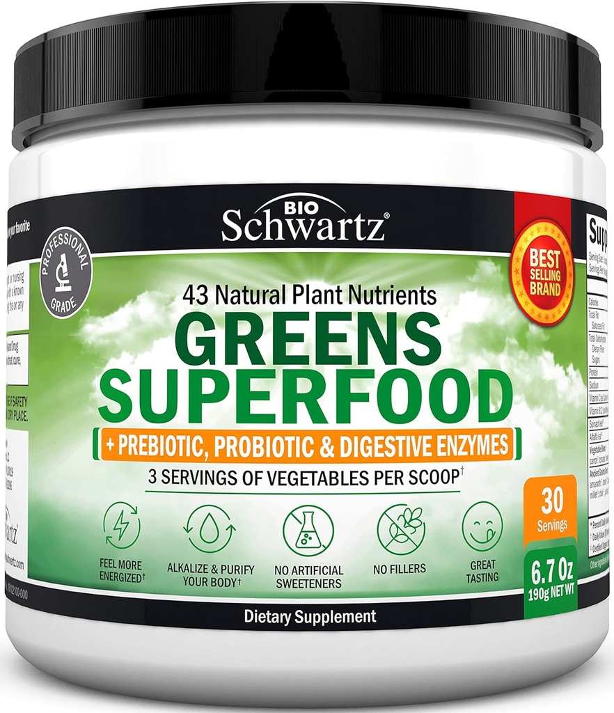 Super Greens Toz Superfood - Probiyotiks Prebiyotiks Digestive Enzymes ve 43 Green Superfoods - Chlorophyll Bilberry Chlorella Spirulina Grass - Tastes Amazing - 30 Hizmetler