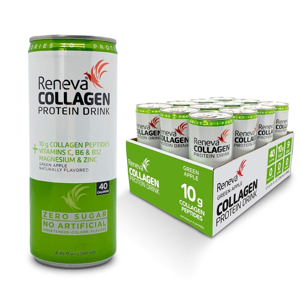 Reneva Collagen Protein Drink - 10g Collagen Peptides, Electrolytes, B-Vitamins, Zinc, και Zero Sugar (Πράσινο Μήλο)