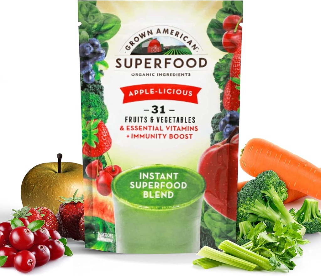 Grown American Superfood Ultra Vita-Immune Blend - 31 Organic Whole Fruits and Vegetables Concentrated Green Powder Increase Energy and Performance - 100% Vegan Non-GMO (14 Servings, 1 Bag)