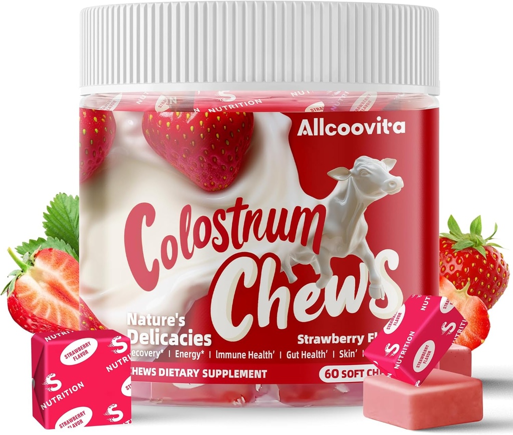 Bovine Colostrum Chews Supplement, Gut Health, Bloating, Immune Support, Skin, Saç Büyüme ve Güzellik - Strawberry Flavor (60 Hizmet)