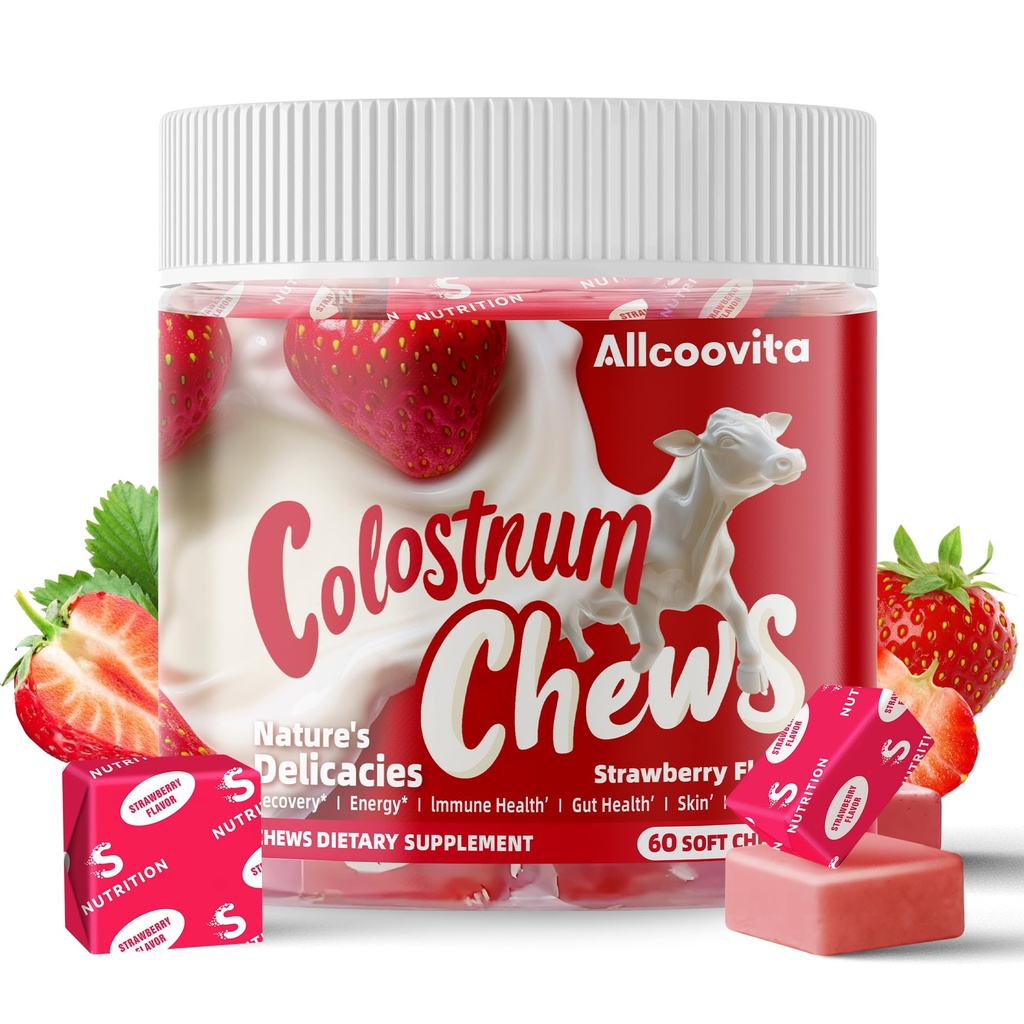 Bovine Colostrum Chews Supplement, Gut Health, Bloating, Immune Support, Skin, Saç Büyüme ve Güzellik - Strawberry Flavor (60 Hizmet)