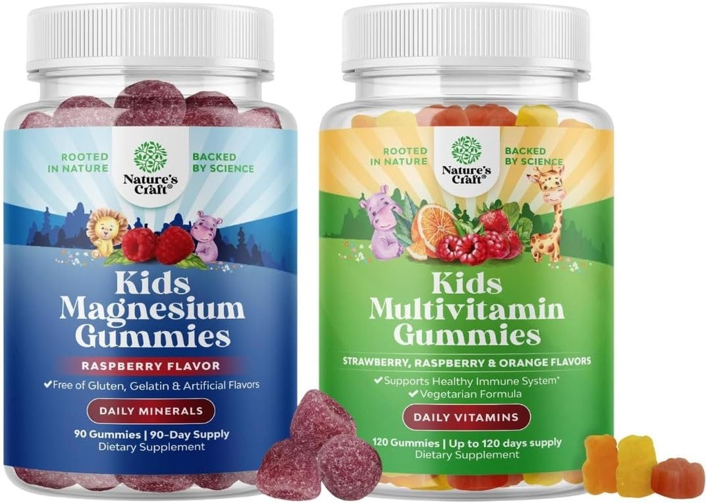 Çocuk Magnezyum Gummies - Nerve Health, Muscles & Sağlıklı Kalp Desteği ve Bitki Temel Çocuklar Multivitamin Gummies - Vitaminlerle Immunity Desteği için Çokvitamin A C D3 E B B B