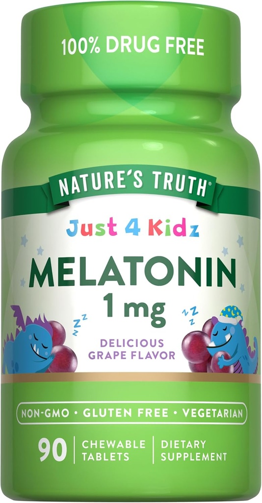 Nature's Truth Kids Melatonin Chewable Tabletler | 1mg | Grape Flavor | Vegetarian, Non-GMO, & Gluten Free Supplement Supplement