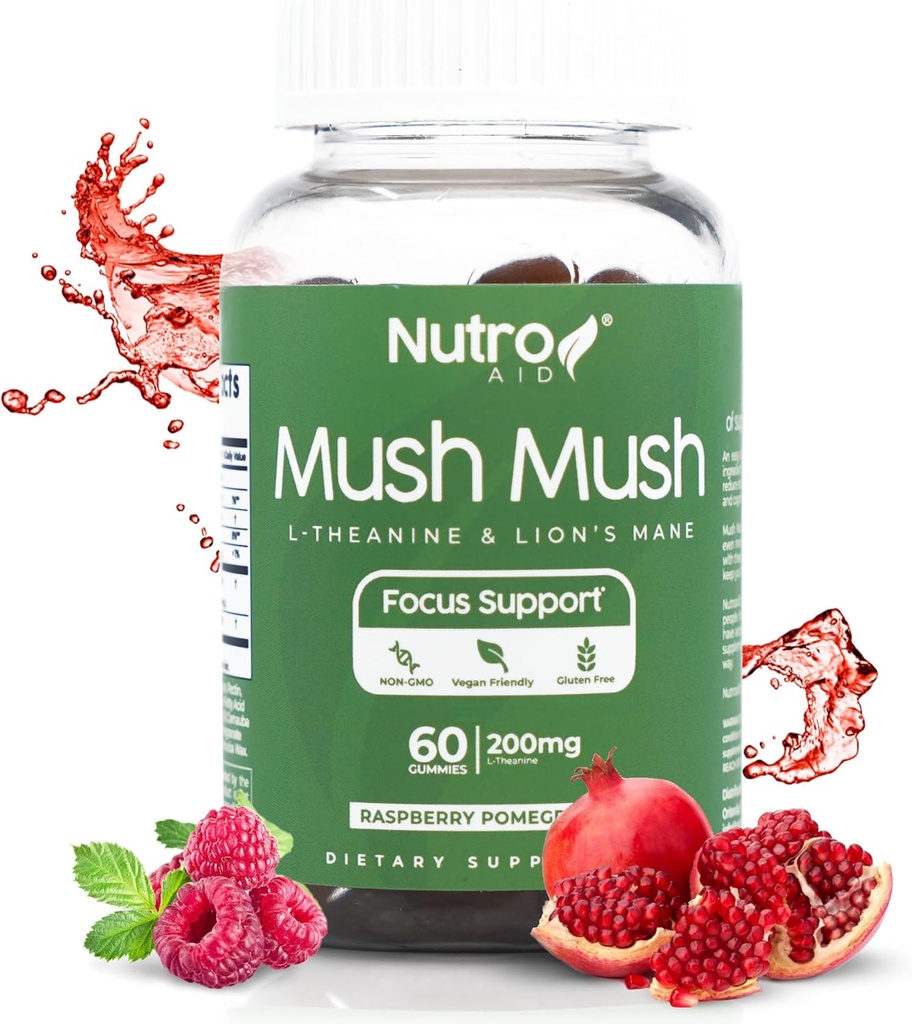 Lions Mane Supplement - Mushroom Gummies - Mush Mush Genius Mushrooms Magic Mind - L-Theanine & Lions Mane - Raspberry & Pomegranate Flavor for Perk Energy - 60 Gummies