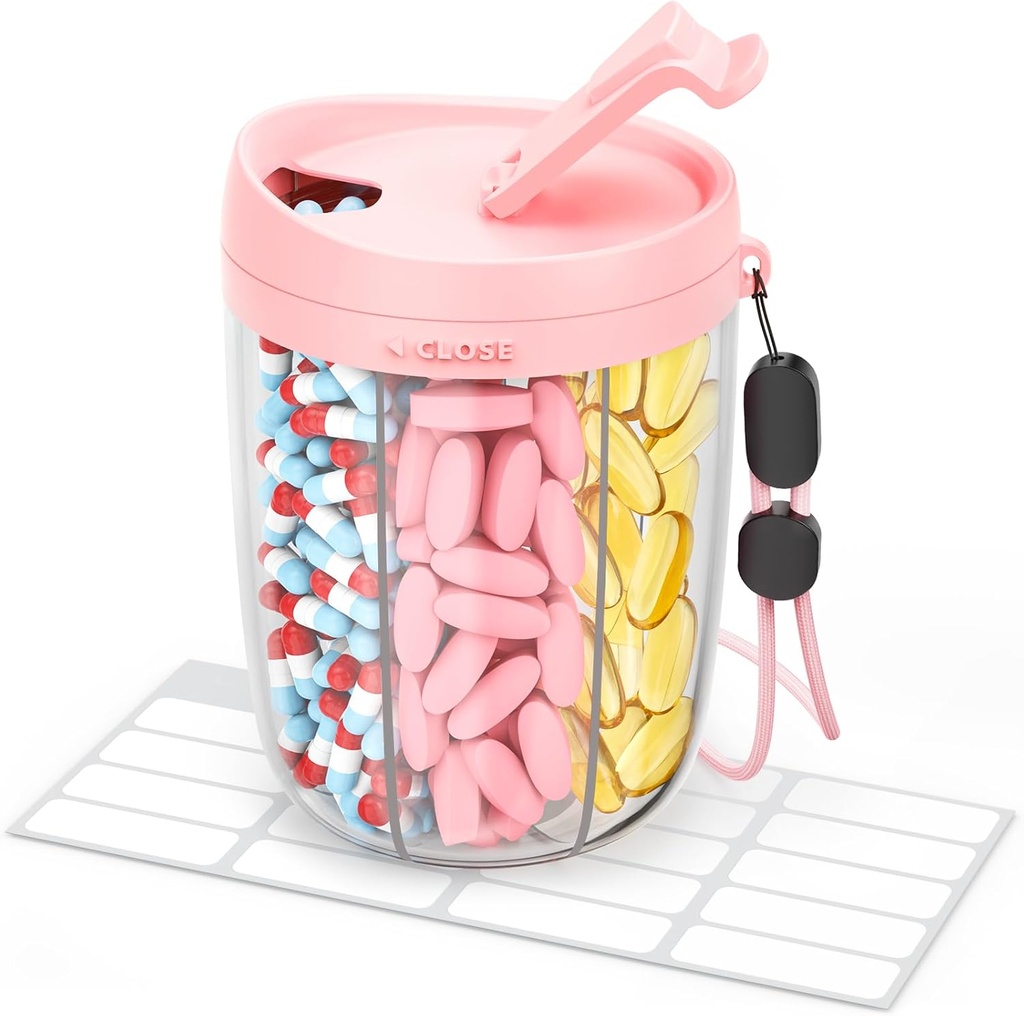 Μεγάλη διανομή χαπιών με 6 διαμερίσματα, Anti-Mix μπουκάλι οργανωτής με ευρύ άνοιγμα & εύκολη ανάκτηση, βιταμίνη οργανωτή για τα ταξίδια, BPA-free κουτί με ένα λουράκι, ροζ