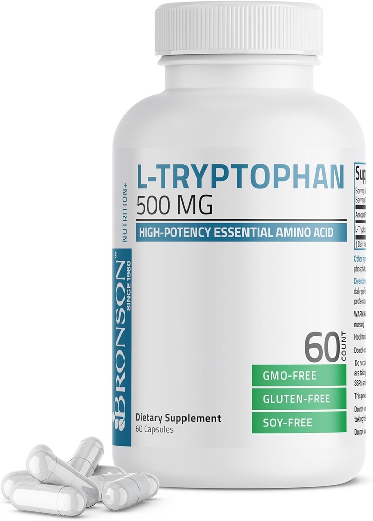 Bronson L-Tryptophan 500 MG Yüksek Potency Essential Amino Asit Desteği Rahatlama ve Pozitif Mood Destek Non-GMO, 60 Capsules