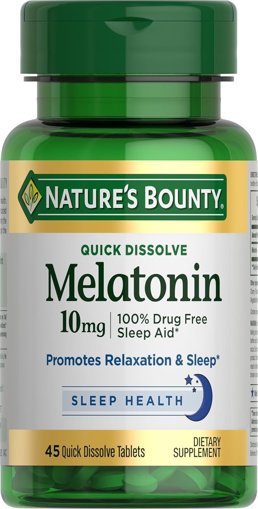 Nature's Bounty Melatonin,% 100 Uyuşturucu Ücretsiz Uyku Yardımı, Diyetsel Tamam, Rahatlama ve Uyku Sağlığı, 10 mg, 45 Hızlı Dissolve Tabletleri
