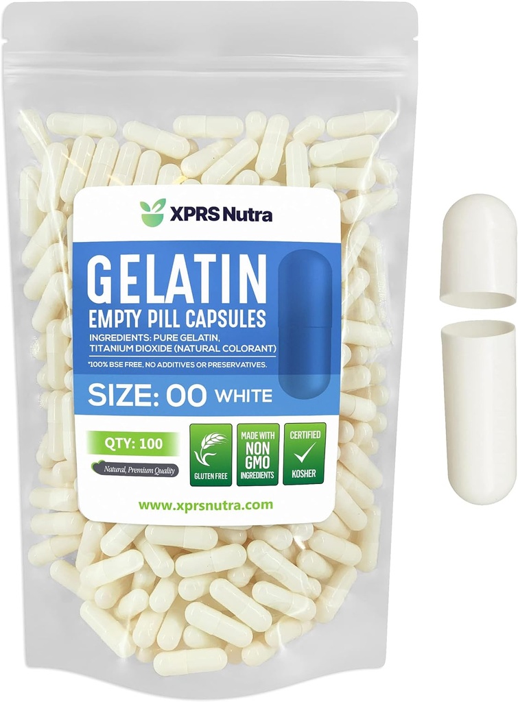 XPRS Nutra Μέγεθος 00 Κενές κάψουλες - 100 Count Empty Gelatin Κάψουλες - DIY Καψάκιο Γέμισμα - Γέμισμα χάπια Gel Caps για Do-It-Yourself Συμπληρώματα (Λευκά)
