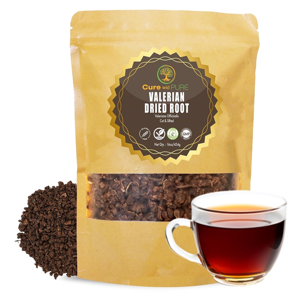 Cure wid Pure Organic Valerian Root Tea - Cut,Sifted & Non-Irradiated Valerian Tea Promotes Natural Relaxing Sleep - Te De Valeriana officinalis in Resealable Eco Friendly Pouch 16oz