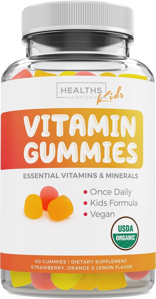 USDA Organik Çocuk Vitaminleri Gummies (Non-GMO) Yummy Natural Fruit Flavors - Complete Kids Multivitamin Gummies: C, D, B, A, çinko - Tamam for Energy, Mood, Immune Support - 60 Gummy Vitamins
