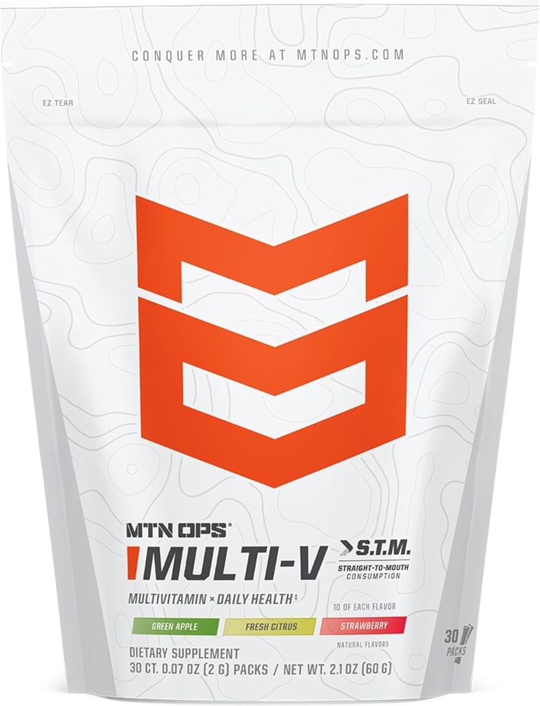 MTN OPS Multi-V, Καθημερινή Πολυβιταμίνη για γυναίκες & άνδρες με Ανοσολογική Υποστήριξη, Ασφαλή για παιδιά, Χωρίς Γλουτένη STM πακέτα, Ποικιλία Γεύσεων, 30 Σερβιέτες
