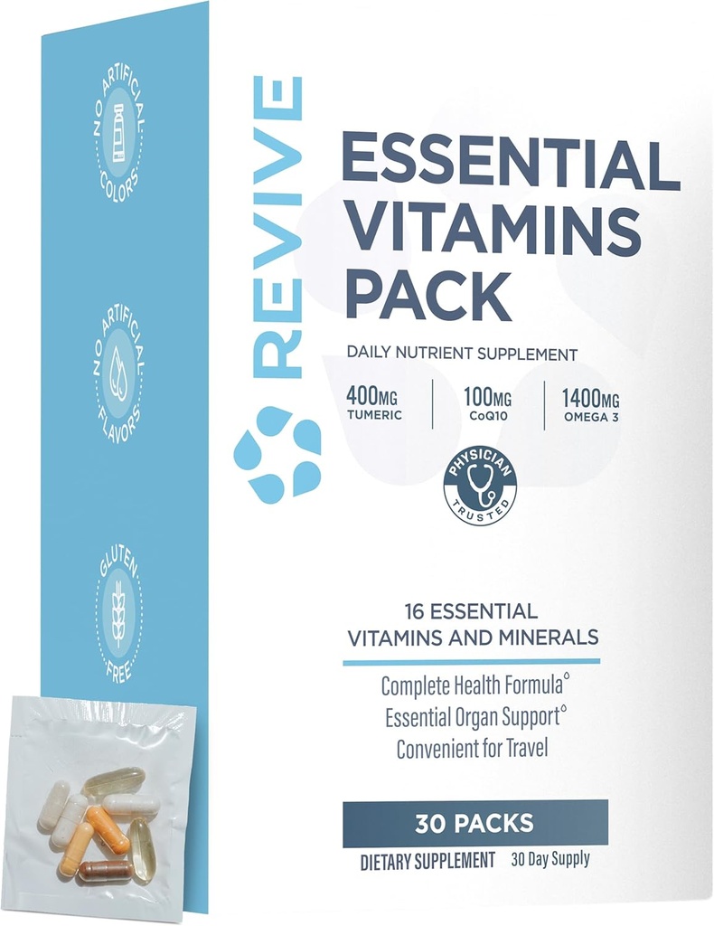 Revive MD Essential Vitamin Packs για γυναίκες & άνδρες, Vitamins Pack Daily Nutrient Supplement - Travel-Friendly Multivitamin Packets με Arjuna & Turmeric Extract Υποστήριξη καρδιά, κοινή, & υγεία οργάνων