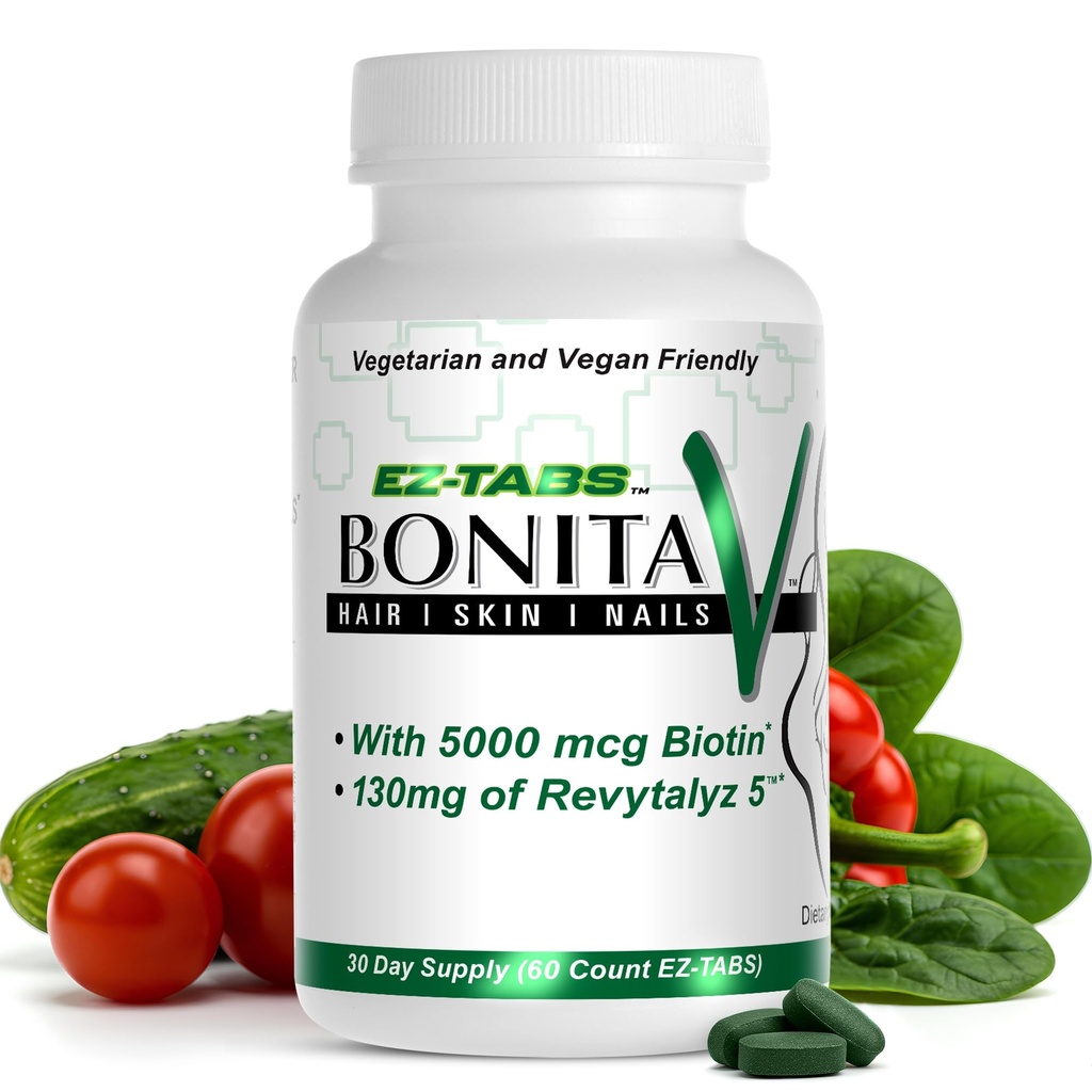 Temel Kaynak Bonita V Vegan Saç Nails ve Skin Vitaminleri Kadınlar için - 20 Aktif Malzemeler Biotin - Güçlü Çiçeği, Sağlıklı Cilt, Saç Büyüme - 60 EZ-TAB Veggie Tabletleri