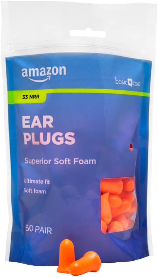   Basic Care Soft Foam Earplugs, 100 Count (1 Pack of 50 Pairs)