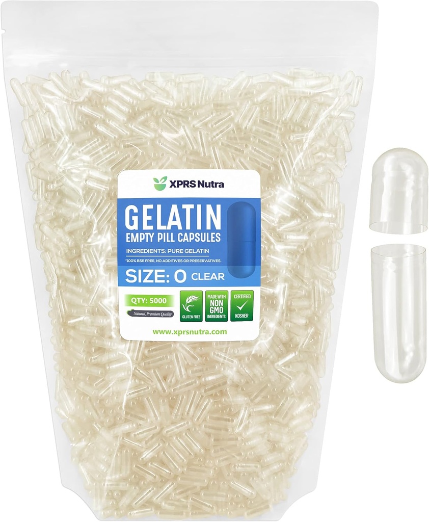 XPRS Nutra Boyutu 0 Boş Kapsüller - 5000 Kont Clear Boş Gelatin Capsules - Pills DIY Capsule - Pure Bovine Pill Gel Caps For Do-It- Yourself Supplements
