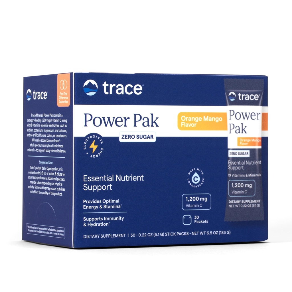 Trace Minerals Power Pak Multivitamin ve Multimineral Packets - Elektrolyte Support - 1200 mg C Plus 70 Sugar Free - Orange Mango Flavor - 30 Packets