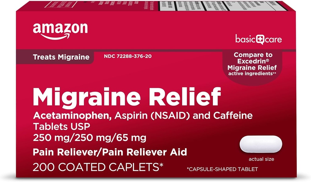 Temel Bakım Migraine Relief, Acetaminophen, aspirin (NSAID) ve Caffeine Tabletleri, Headache Pain Reliever/Pain Reliever Aid, 200 Count Count