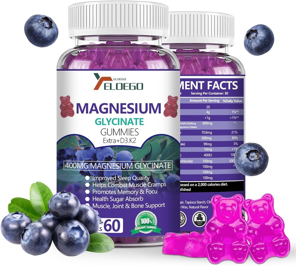 Magnezyum Gummies 600 mg per Service-Magnesium Glycinate 400 mg ve Magnezyum Malate 200 mg, Ekstra K2 & D3, Yüksek Aborpsiyon Magnezyum Tamamı Uyku,Stress Relief, Nerve Support, Blueberries (60 CT)