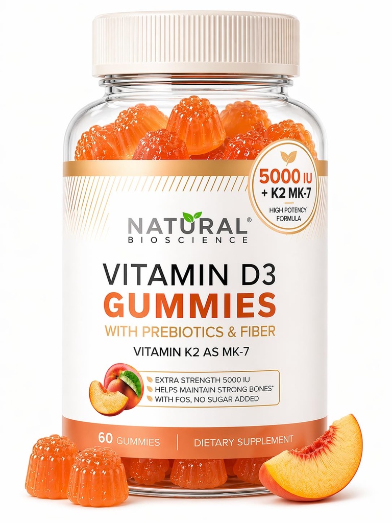Sugar Free Vitamin D3 K2 Gummies - Vitamin D3 Gummies 5000 IU+K2 MK7 80 mcg, K2 D3 Vitamin Tamam Yetişkinler, D K2 Bones için, Immune, Heart, Mood, Gluten-Free, Non-GMO, Natural Peach Flavor