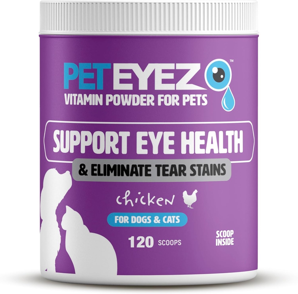 Pet Eyez Vitamin Tozu Evcil hayvanlar için - Destekler Eye Health & Reduces Tear Stain Buildup - Superfoods, Antioksis & Nutrients - Tavuk Flavor - 120 Scoops