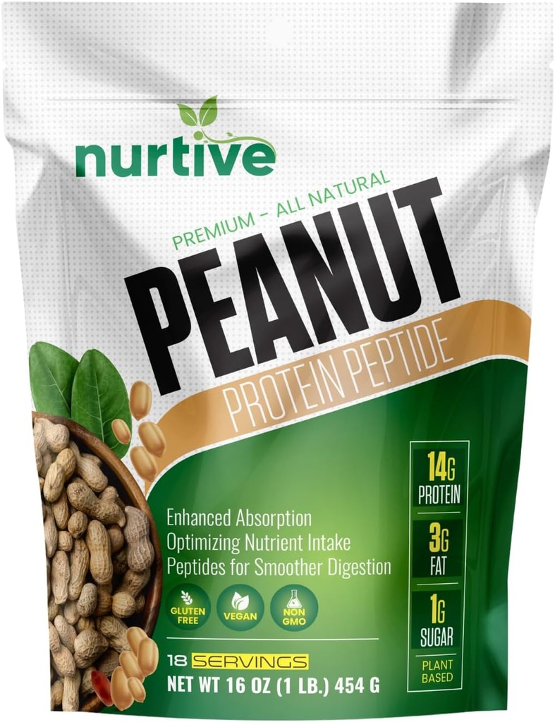 Peanut protein Peptide Toz - Plant-Based, Rich in Nutrients & Fiber - Sporcular ve Fitness Enthusiasts için ideal - Gelişmiş Solubtitude ve Abxia - 18 Hizmetler (16 oz / 454 g)