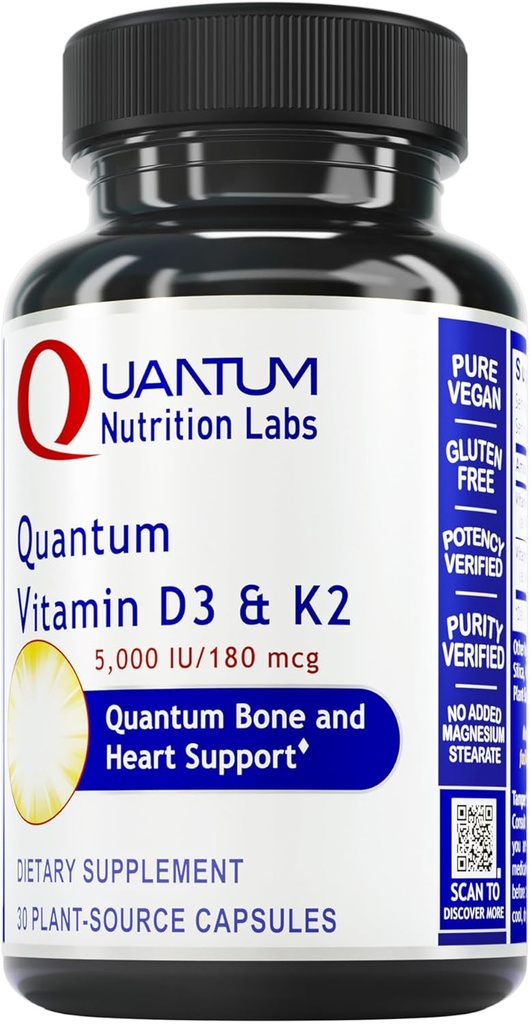 Quantum Nutrition Labs Vitamin D3 and K2 Supplement - Υποστήριξη για την υγεία των οστών και της καρδιάς για γυναίκες & άνδρες, 5000 IU, Vegan Βιταμίνες, Επιτρέπει την απορρόφηση ασβεστίου, χωρίς γλουτένη - 30 Κάψουλες με βάση το φυτό