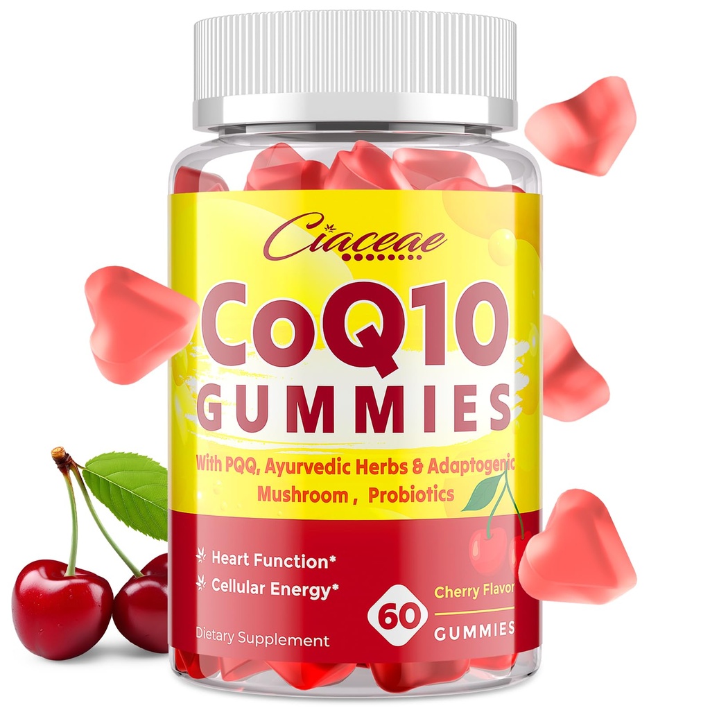 PQ10 Gummies with PQ - 400 MG Coenzyme Q10 Yüksek Potency, Ayurvedic Herbs, Adaptojenik Mushroom Mix & Probiyotiks for Heart, Brain, Energy, Immunity, Cherry Flavor, 60 Vegan Gummies