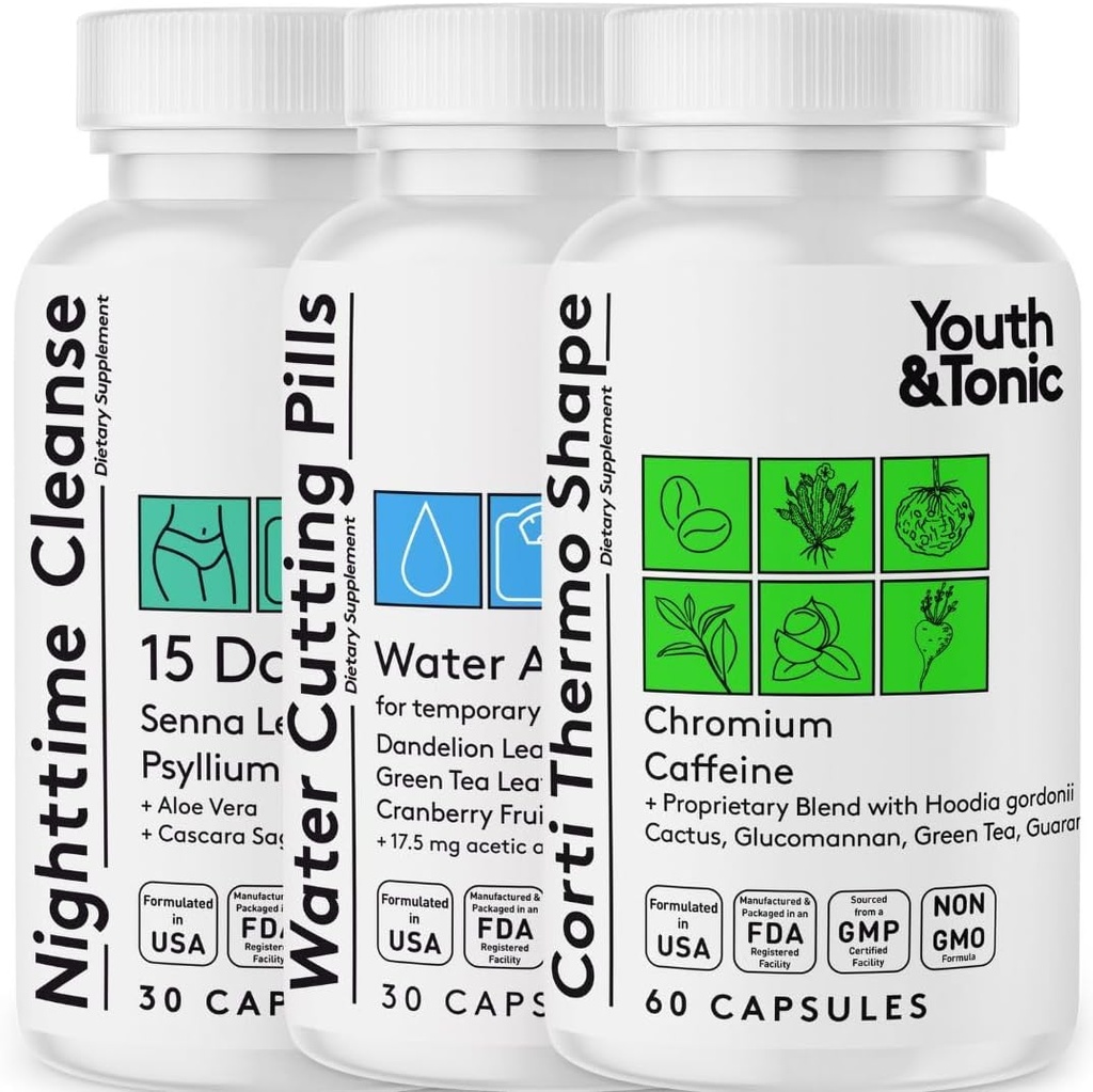 Youth & Tonic Sculpt Shred Cleanse Detox 3X Χάπια απώλειας βάρους: Ορεκτικό Καταπιεστικό, λίπος Burner, ενέργεια Booster & νυχτερινή καθαριότητα για τη διατροφή – 120 χάπια