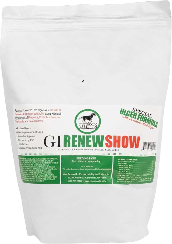 Pennwoods GI Renew Show, Probiyotiks for Equine, Immune and Appetite Stimulation, Prebiyotiks, Digestive Enzymes | At Supplement Ulcer Relief and Treatment, Organic Toxin Binder, 6 LB Bag