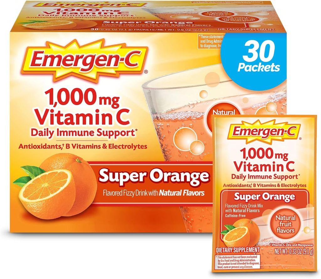 Emergen-C 1000 Vitamin mg C Toz Daily Immune Support Caffeine Free Vitamin C Supplements with çinko Manga and Electrolytes, Super Orange Flavor - 30 Count