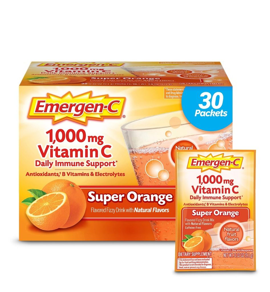 Emergen-C 1000mg σκόνη βιταμίνης C για την καθημερινή ανοσοποιητική υποστήριξη Caffeine Δωρεάν συμπληρώματα βιταμίνης C με ψευδάργυρο και Μαγγάνιο, βιταμίνες Β και ηλεκτρολύτες, Super Orange Flavor - 30 Count