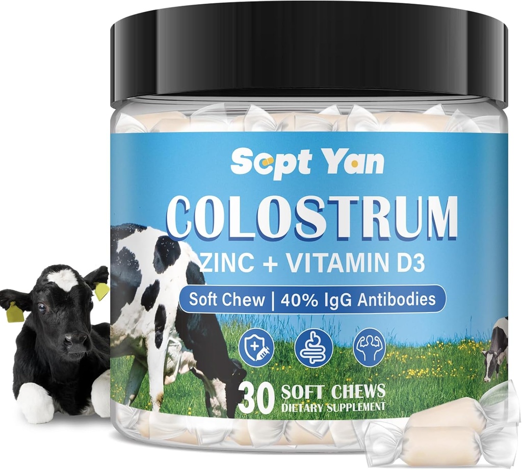 Colostrum Soft Chew Supplement (3000 mg + %40 IgG), Yoğun Bovine Colostrum Superfood Plus Vitamin D3 & Zine for Gut Health, Immune Support, Muscle Recovery & Wellness, Grass Fed, 30 Chews