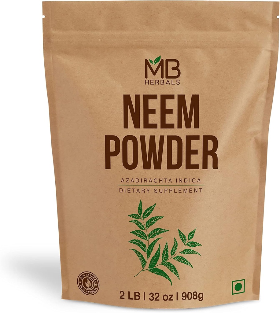 MB Herbals Pure Neem Toz 2 lb | 32 oz | 908 Gram | 100% Saf Wild-Crafted Neem Leaf Toz | Very Bitter Neem Supplement for Skin Hair & Detox | Azadirachta Indica