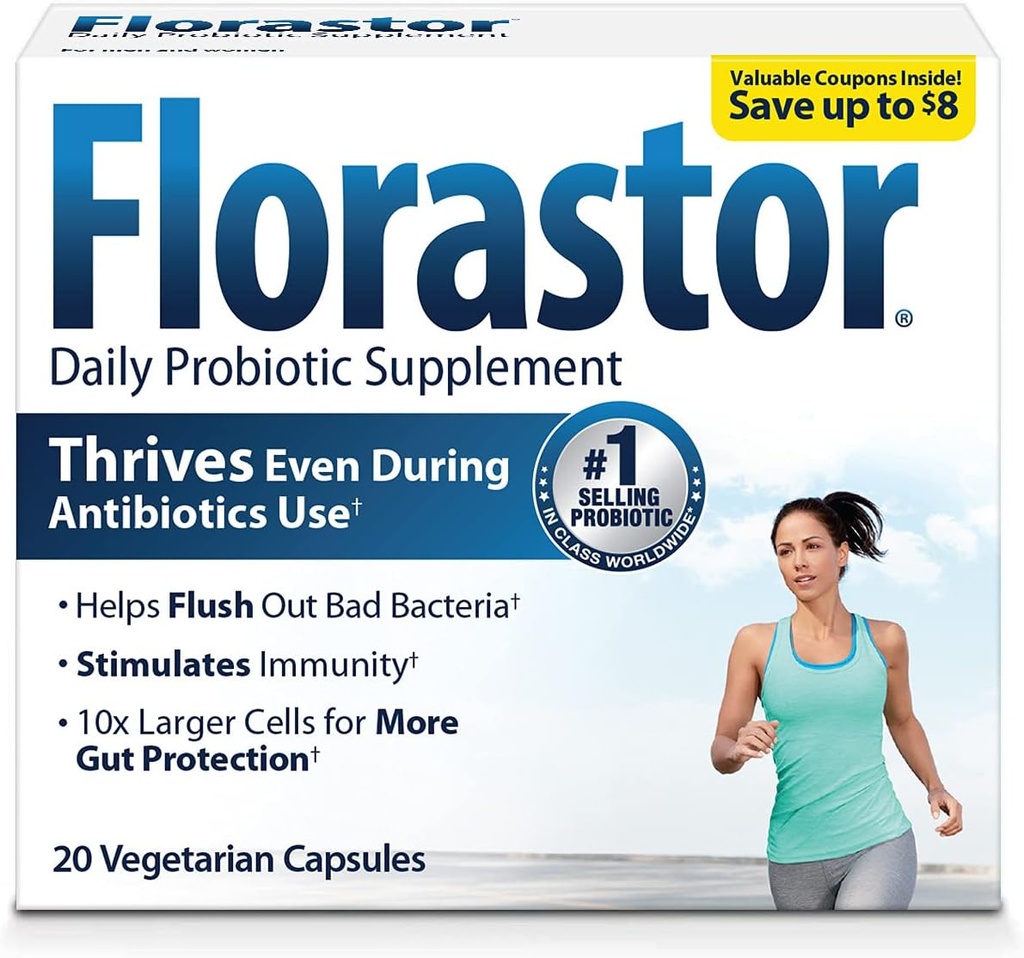 Florastor Daily Probiotic Supplement for Women and Men, Use with Antibiotics, Saccharomyces Boulardii CNCM I-745 (20 Capsule, Pack of 2)