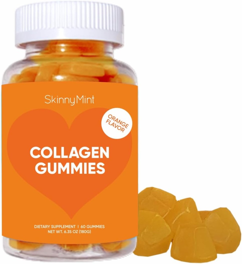 SkinnyMint Κόλαγκεν Gummies συμπλήρωμα για υγιή δέρμα, νύχια & υποστήριξη μαλλιών, Κόλλαγκεν χωρίς γλουτένη Μασώμενο Gummies για άνδρες & γυναίκες, φυσικό πορτοκάλι γεύσης -60 Count (180G) - 1 μήνα προσφοράς