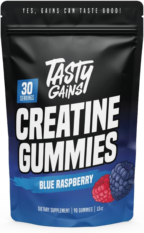 TASTY GAINS Kretine Gummies - 90g of Kretine Monohidrat - Workout Supplements - Build Muscle & Boost Strength for Men & Women - Made in USA - Non GMO - Vegan Dostu (Large, Blue Raspberry)